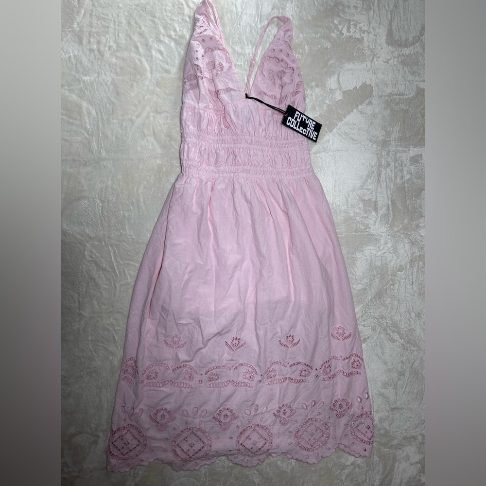 NWT Future Collective Light Pink Scalloped Eyelet Maxi A-Line Dress, Smocked - Picture 5 of 15